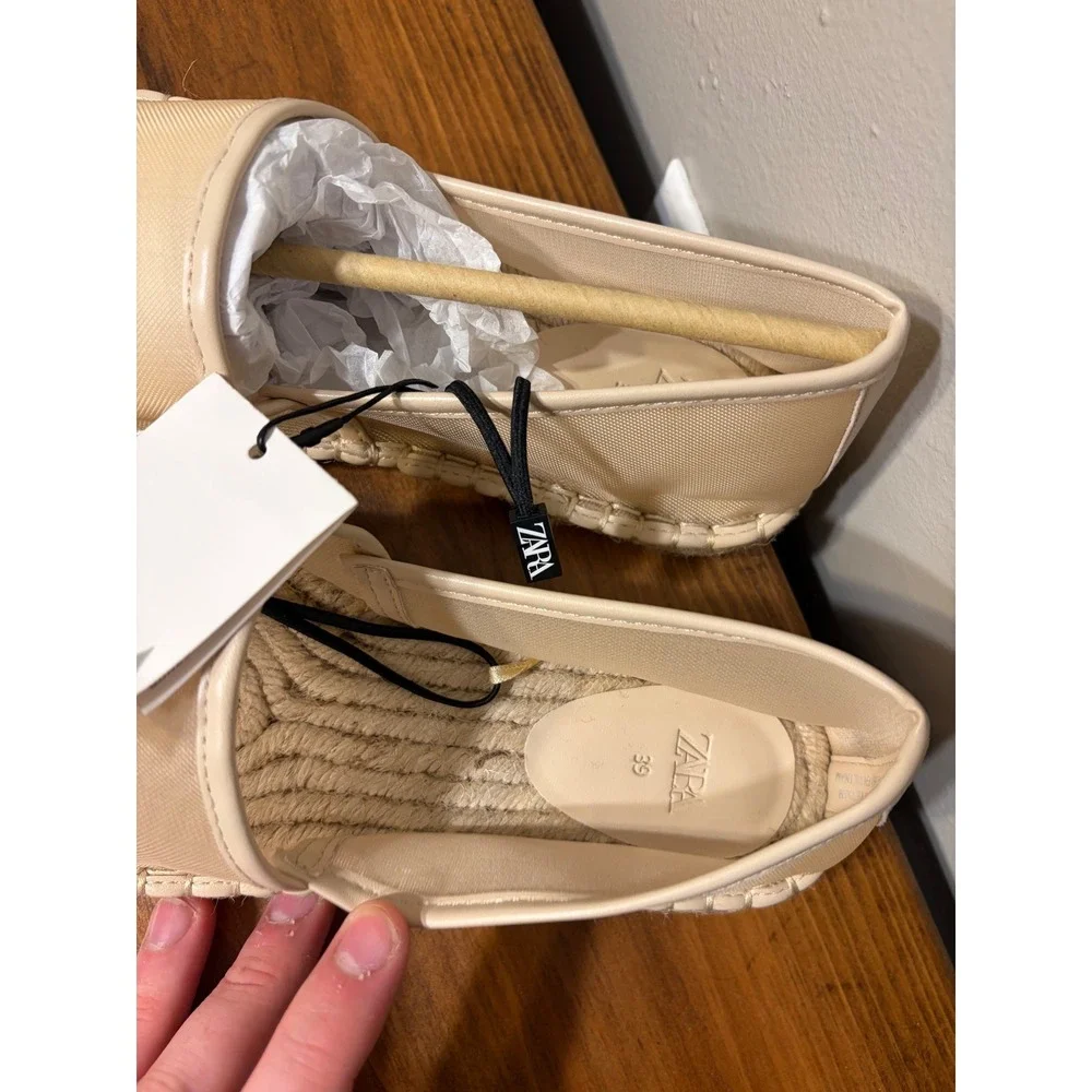 Zara Womens Mesh Espadrille Flats Beige Slip On Jute Shoes Size 39 NEW